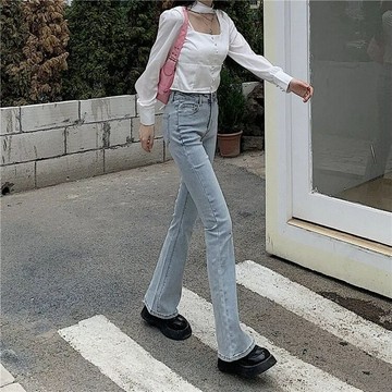 【Veee】\t拖地牛仔褲女  新款修身高腰顯瘦 微喇叭褲百搭 直筒褲褲子 休閒慵懶闊腿褲 通勤褲 女設計感