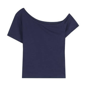 P3-【限時特賣】 短袖上衣 短袖T恤 女生短袖 上衣女 深藍色辣妹斜肩短袖修身T恤女裝夏季緊身顯瘦打底衫短款百搭上衣