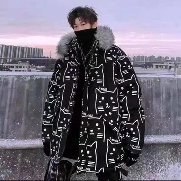 國潮迷彩潑墨大衣oversize棉服冬季可拆卸毛領棉衣潮牌情侶裝外套