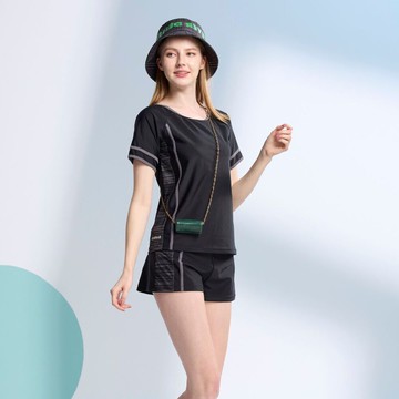 莫妮娜MIT 短袖二件式泳裝 黑色加大尺寸-3L