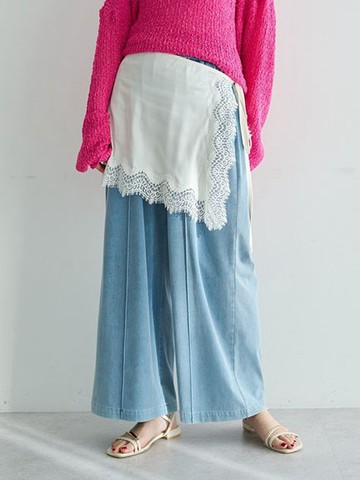 【SET ITEM】牛仔質感寬褲+綁帶蕾絲邊片裙(07001429200) - YECCA VECCA
