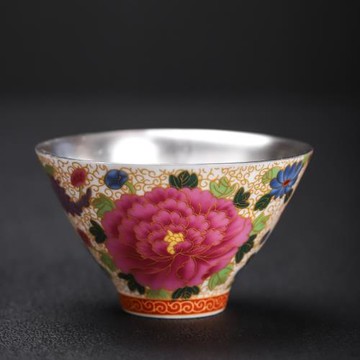 掐絲琺瑯彩牡丹鎏銀茶杯功夫茶品茗杯陶瓷銀杯子喝茶主人杯泡茶杯