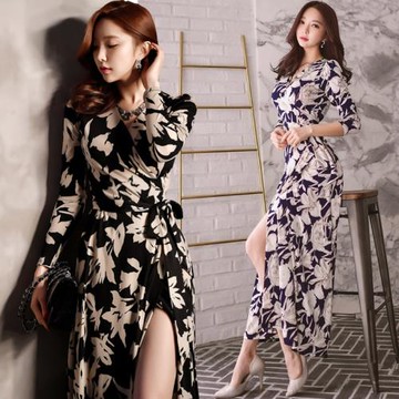 2025新款韓版旅游度假裹身裙開叉過膝性感一片式印花V領系帶長裙