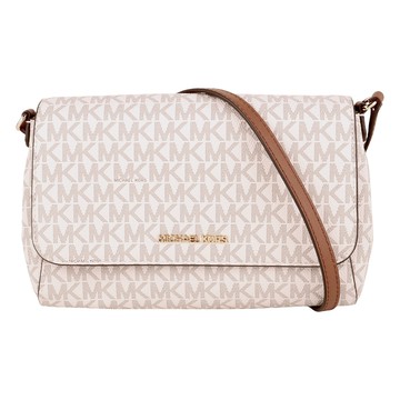 MICHAEL KORS- 金字滿版MK皮革釦式斜背包(白x駝邊)小款