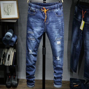 FINDSENSE H1 2018 夏季 新款 男 修身 個性破洞 休閒 小腳彈力 九分牛仔褲 休閒褲  潮男褲子