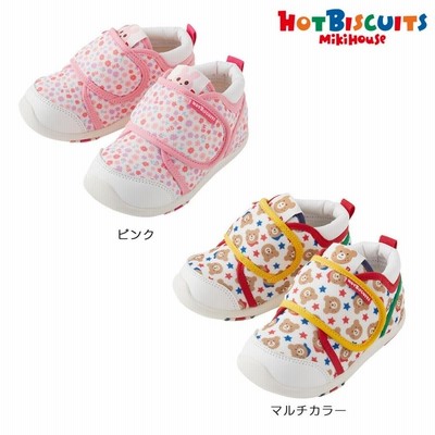 ミキハウス くま・小花の総柄セカンドシューズ 靴 くつ ピンク マルチカラー 14cm 14.5cm 15cm ホットビスケッツ HOT BISCUITS