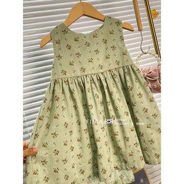 mori🎀mori韓版童裝女童夏季新款洋氣綠色碎花連衣裙兒童棉布裙子寶寶背心裙