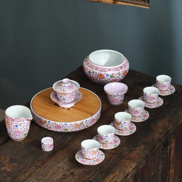 功夫茶具套裝琺瑯彩家用簡約陶瓷茶盤蓋碗茶具泡茶杯禮盒