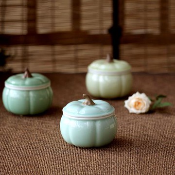 龍泉青瓷南瓜密封罐茶葉罐子雅致中式陶瓷罐三色可選漂亮的茶葉罐