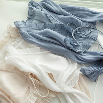 V領系帶木耳邊小開衫外披女夏季法式溫柔百搭長袖防曬衫短款上衣