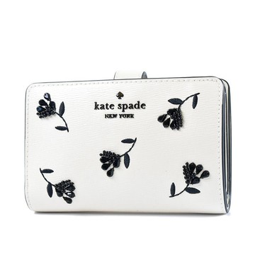 KATE SPADE Floral 刺繡縫珠花卉漆皮紋理雙摺釦式中夾-奶霜白