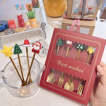 今天買明天到】聖誕節勺叉餐具 不銹鋼勺子可愛卡通甜品水果叉聖誕節禮品創意餐具套組 WNVQ