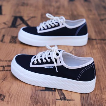 人本黑色帆布鞋女2026春季新款厚底百搭學生大頭鞋春季透氣小白鞋