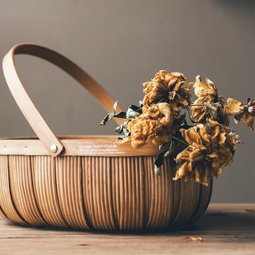 日式做舊手工編織桌面雜物收納筐攝影道具創意花器提手野餐面包籃