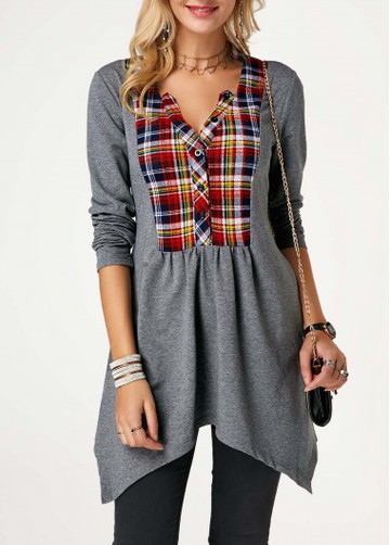Long Sleeve Grey Asymmetric Hem Tunic T Shirt