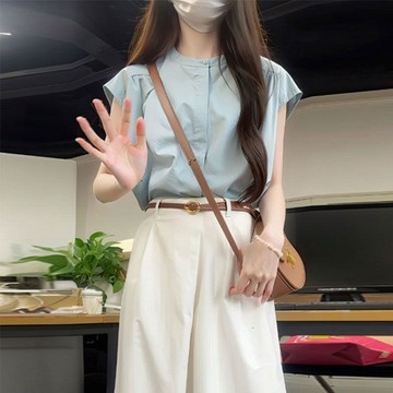 飛飛袖襯衫 短袖小衫 法式夏季絕美設計感襯衣百搭休閒氣質顯白淺藍色小飛袖無袖襯衫女0829