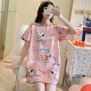 薄款冰絲睡裙女夏天短袖絲滑冰涼仿真絲綢卡通可愛學生寬松睡衣女