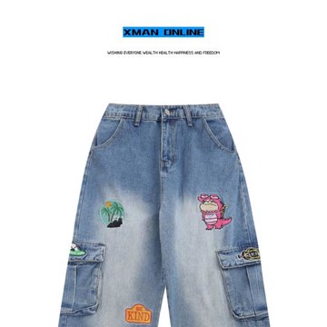 Xman早秋新品美式街頭卡通刺繡闊腿牛仔褲女bf風寬松直筒拖地長褲