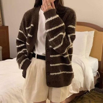 正韓罩衫 條紋羊毛衣外套CPC1085-創翊韓都