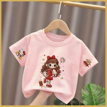 💚童裝上衣💚2026夏季女童純棉短袖T恤卡通洋氣仿刺繡印花中小童寬鬆上衣服潮 TCFB