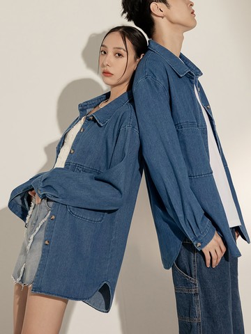 男女共穿．造型口袋前短後長純棉牛仔襯衫