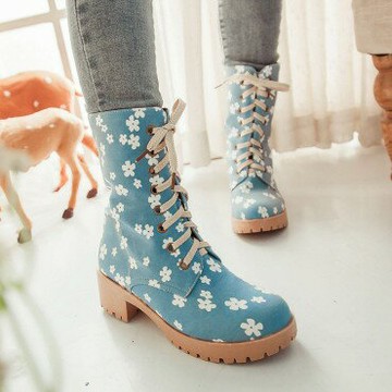 인쇄印畫系帶防滑粗跟中筒女靴