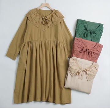 日系森女刺繡荷葉領棉麻連衣裙春季新品寬松加大碼純色中長款女裙