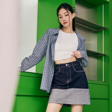 OB嚴選中大尺碼-親膚棉質撞色拼接牛仔短裙《CA3155》