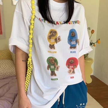 T恤 情侶大碼熊熊寬鬆五分袖T恤ODD1259-創翊韓都