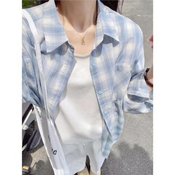 慵懶松弛藍色格紋襯衫女2026春季寬松休閑Polo領長袖薄款上衣外套