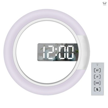(有頻道) LED鏡面鏤空掛鐘 帶器 現代簡約創意鬧鐘 電子數顯掛牆鍾 溫度顯示 三檔亮度可調 7種環形燈光顏色切換 鬧