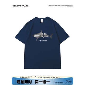 GTG原創美式復古潮牌鯊魚圓領短袖男春季新款潮酷oversizeT恤半袖