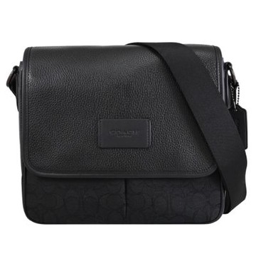 COACH Sprint Map 25 荔枝皮革拼接緹花翻蓋式斜背包(黑)