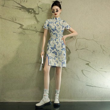 【桃喜Rich女裝】大碼旗袍 國風洋裝 藍色蝴蝶旗袍 包金印花修身顯瘦連衣裙 改良旗袍裙 復古文藝 平時可穿碎花連衣裙
