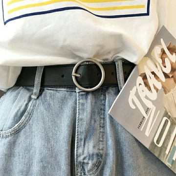 霧銀色圓釦車綫男女腰帶 3.5公分時尚百搭皮帶(E825)