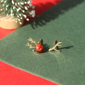 眼觀925純銀石榴石不對稱鹿角耳釘日韓簡約百搭圣誕節禮物耳環女1入