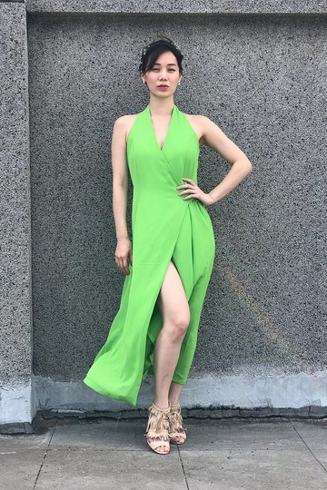 青綠V領高叉洋裝