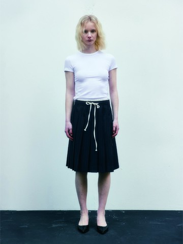 Pleated Drawstring Midi Stripe Skirt [Navy]