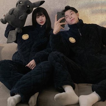 情侶睡衣女秋冬款加厚保暖加絨三層夾棉珊瑚絨男士家居服冬季套裝