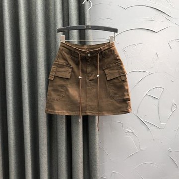 咖啡色休閑工裝牛仔短裙女2025新款春夏時尚大口袋A字半身包臀裙