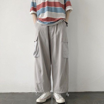 男士束腳褲 夏季 寬鬆 休閒 日系復古寬鬆小個子大口袋工裝褲鬆緊腰寬鬆風闊腿束腳褲男女0729