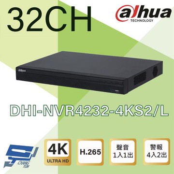昌運監視器 大華 DHI-NVR4232-4KS2/L 32路 4K 人臉辨識網路型錄影主機 支援雙硬碟