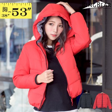 保暖外套--俐落保暖禦寒防風立領連帽雙口袋合身款鋪棉外套(黑.紅XL-5L)-J306眼圈熊中大尺碼