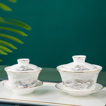 蓋碗茶杯陶瓷三才蓋碗中式大號泡茶碗功夫茶具景德鎮骨瓷茶碗描金