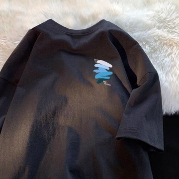 【台灣出貨】100%純棉 復古 黑色上衣 5分袖上衣 歐美風T恤 衣服男 寬版 日系夏裝 綠色上衣  男女衕款 日系男裝