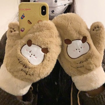 免運🎉秋冬季手套女生ins加絨加厚全包指 毛絨可愛保暖掛脖學生韓版百搭 毛絨保暖手套 卡通印花手套保暖 韓版毛絨加厚手套