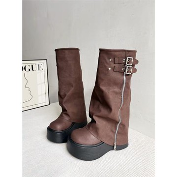 真皮大頭褲管靴甜酷風辣妹堆堆靴厚底西部靴不過膝長靴高筒騎士靴