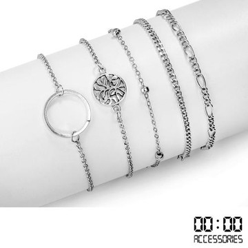 【00:00】時尚簡約幾何縷空圓圈珠鍊元素5件手鍊套組