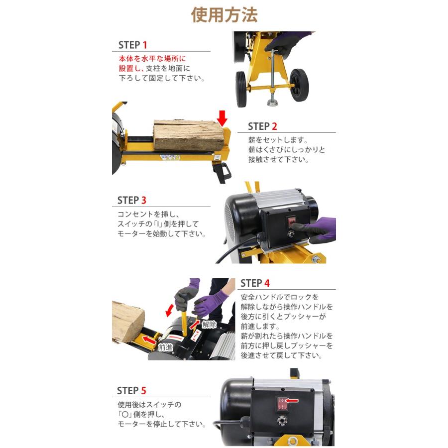 高速薪割り機 電動薪割り機 薪割り機 ログスプリッター 電動 高速破砕 破砕力約7t 最大対応薪サイズ直径約25cm長さ約52cm 消費電力約1500W 電源100V モーター 黄