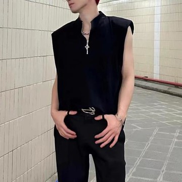 慵懶風拉鏈背心男女寬松可拆墊肩無袖t恤高級感潮牌運動坎肩上衣